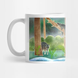 Cute Racoons in the Forest, Batik silk painting style Mug